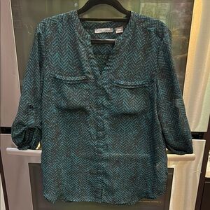 Charter‎ Club Blue Blouse with Mandarin Collar and Cuffed Sleeves